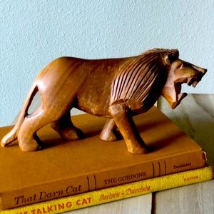 Hand Carved Wood Lion Figurine Statue Standing Open Roar 8x4.5” Excellent Shape